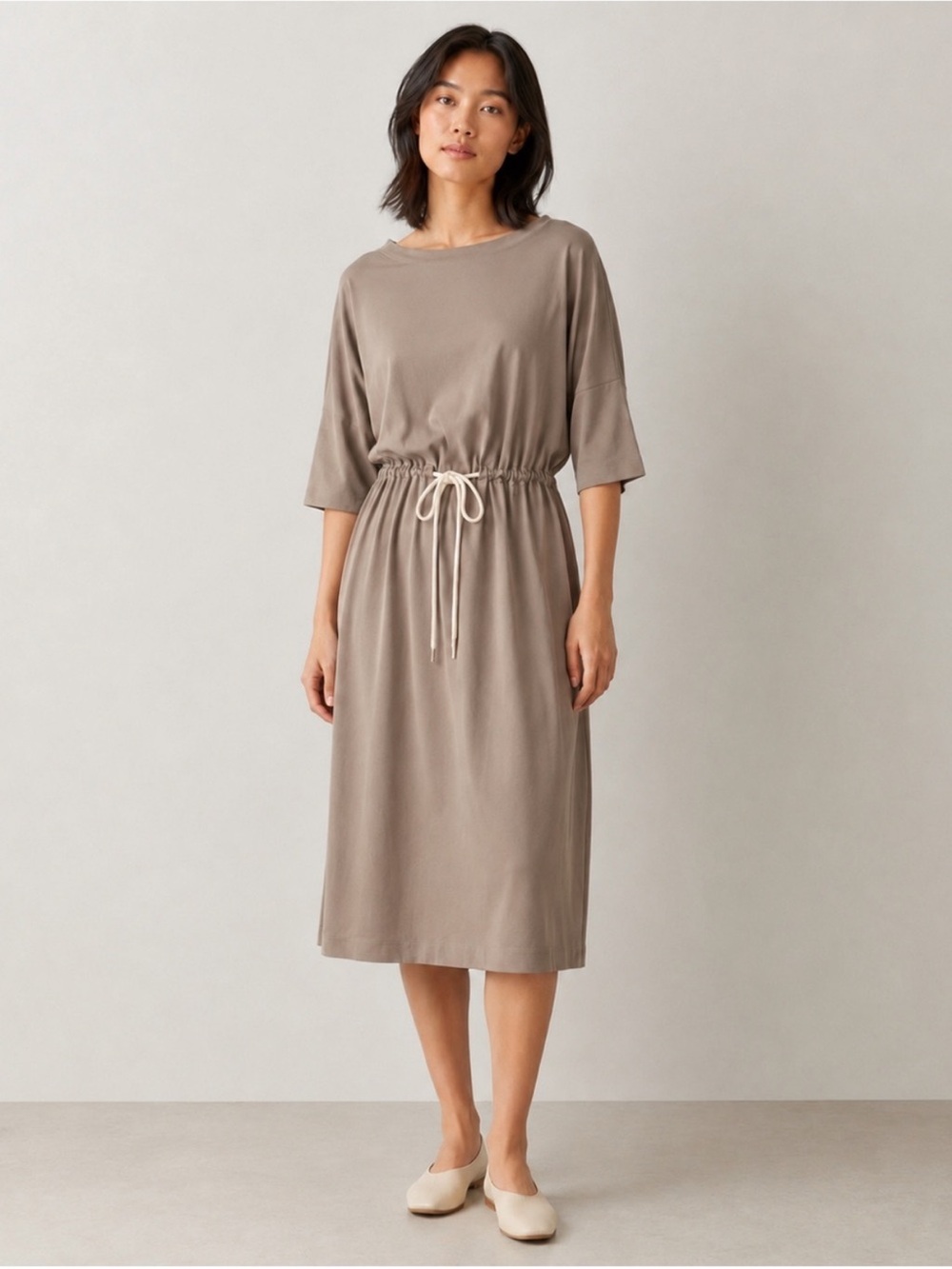 Everlane Cotton Drawstring Waist Midi T-Shirt Dress Taupe Brown M